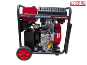 Side view of a black and red generator with engine, red wheel, protective frame, and a logo in the top right corner.