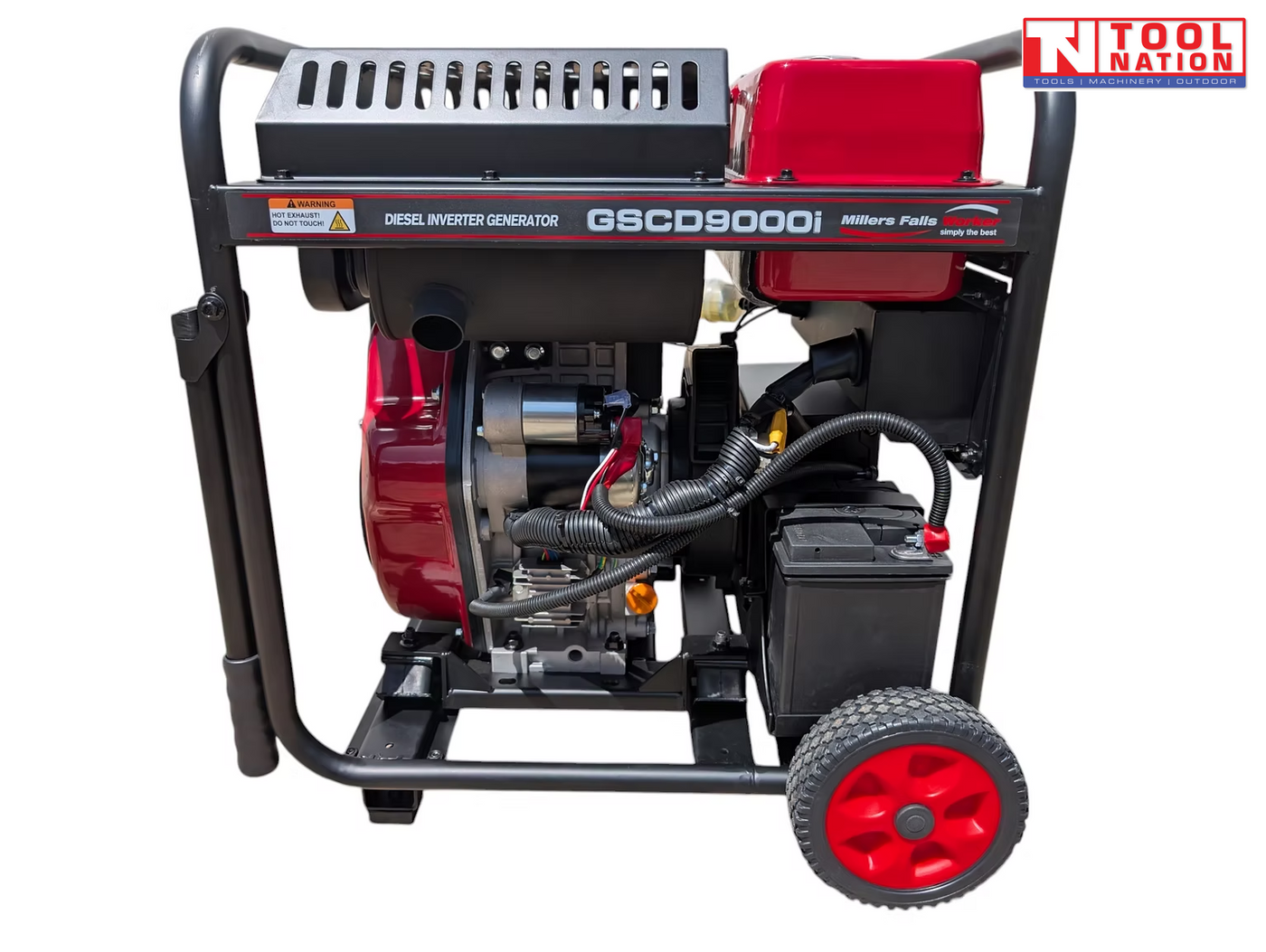 Side view of a black and red generator with engine, battery, red wheel, protective frame, and a logo in the top right corner.