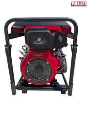 Rear view of a black and red generator with engine cover, protective frame, and a logo in the top right corner.