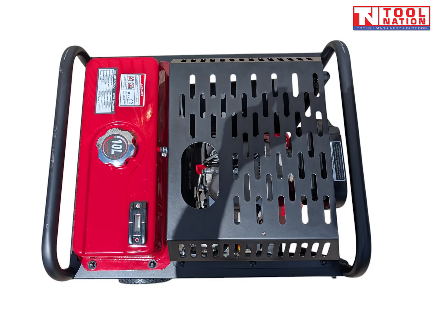 Top view of a black and red generator with fuel cap, red tank, vented black cover, protective frame, and a logo in the top right corner.