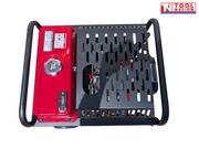 Top view of a black and red generator with fuel cap, red tank, vented black cover, protective frame, and a logo in the top right corner.