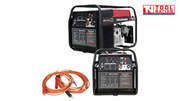 Front three-quarter view of petrol-powered inverter welder generator in black tubular frame with front control panel, red fuel tank and engine.