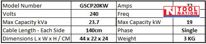 Specification table for GSCP20kW showing model number, 240 volts, 23.7 kVA max capacity, 19 kW max capacity, 72 amps, single phase, cable length, dimensions and weight.