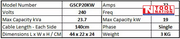 Specification table for GSCP20kW showing model number, 240 volts, 23.7 kVA max capacity, 19 kW max capacity, 72 amps, single phase, cable length, dimensions and weight.