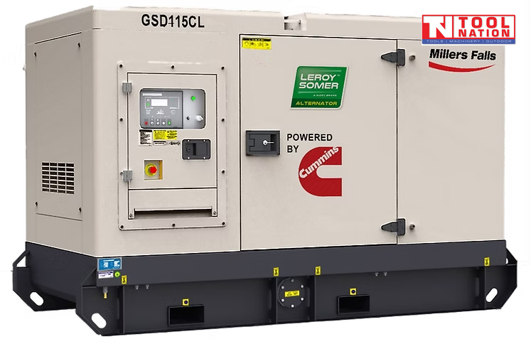 Front angled view of a beige diesel generator in a black skid frame, with control panel, access doors, and Millers Falls, Leroy Somer, and Cummins branding visible.
