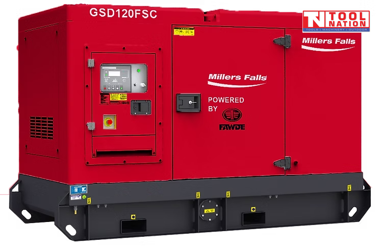 Front angled view of a red diesel generator in a black skid frame, with control panel, access doors, and Millers Falls and FAW branding visible.