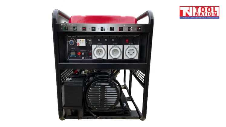Front view of red open frame diesel generator with control panel, three power outlets, battery and engine inside black tubular frame.