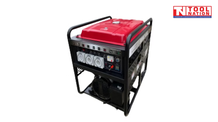 Angled front view of red open frame diesel generator showing control panel, power outlets, red fuel tank and black tubular frame.