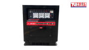 Front view of red enclosed diesel generator with control panel, power outlets, warning label and black base frame.