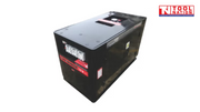 Angled front view of red enclosed diesel generator with control panel side, warning label and black base frame.