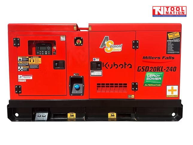 Front view of a red enclosed diesel generator on a black skid base, with control panel, outlet panel, and Millers Falls, Leroy Somer, and Kubota branding visible.