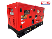 Front angled view of a red enclosed diesel generator on a black skid base, showing side access doors, control panel, and Kubota branding.