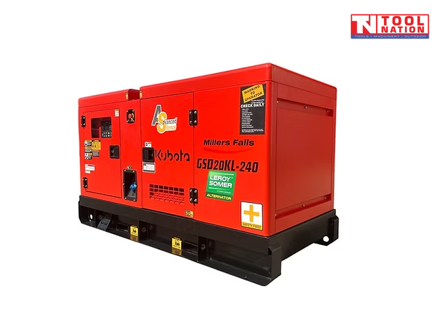 Rear angled view of a red enclosed diesel generator on a black skid base, with side panel branding and warning labels visible.