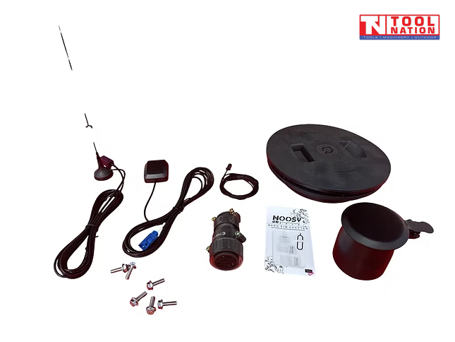 Generator accessories laid out on a white background, including cables, plug components, hardware, a funnel, and a manual.