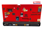 Front view of a red enclosed diesel generator on a black skid base, with control panel, outlet socket, and FAW and Millers Falls branding visible.