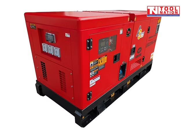 Front left angled view of a red enclosed diesel generator on a black skid base, showing the control panel side and a bank of covered power outlets.