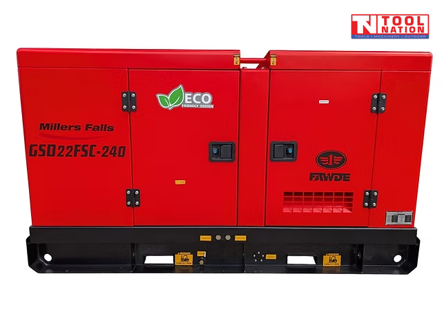 Rear view of a red enclosed diesel generator on a black skid base, with access doors, vents, and FAW branding visible.