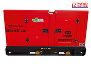 Rear view of a red enclosed diesel generator on a black skid base, with access doors, vents, and FAW branding visible.