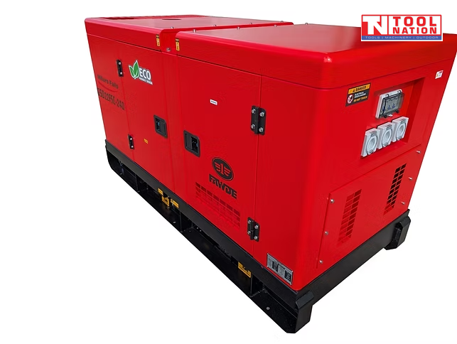 Rear right angled view of a red enclosed diesel generator on a black skid base, showing side access doors and covered power outlets.