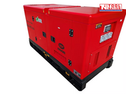Rear right angled view of a red enclosed diesel generator on a black skid base, showing side access doors and covered power outlets.