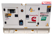 Front view of a white enclosed diesel generator on a skid base, with control panel, outlet socket, and Cummins, Leroy Somer, and Millers Falls branding visible.