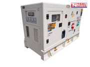 Front left angled view of a white enclosed diesel generator on a skid base, showing the control panel side and a bank of covered power outlets.