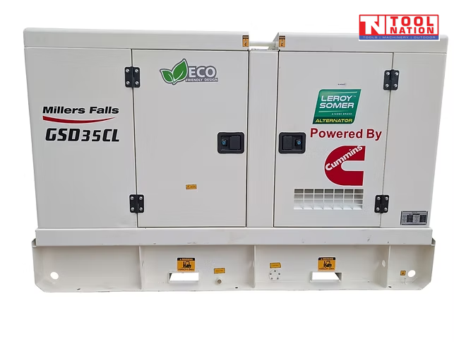 Rear view of a white enclosed diesel generator on a skid base, with access doors, vents, and Cummins, Leroy Somer, and Millers Falls branding visible.
