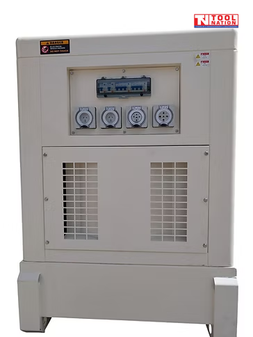 Side view of the generator outlet panel with four covered power outlets above two vent grilles.