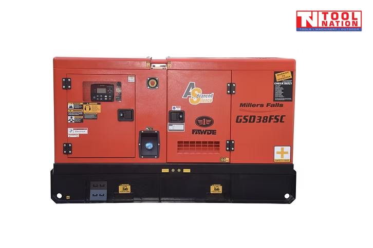 Front view of a red enclosed diesel generator on a black skid base, with control panel, FAW logo, Millers Falls branding, and GSD38FSC model marking.