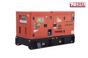 Front left angled view of a red enclosed diesel generator on a black skid base, showing the control panel side and a bank of covered power outlets.