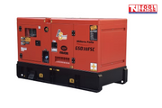 Front right angled view of a red enclosed diesel generator on a black skid base, with FAW logo, Millers Falls branding, and GSD38FSC model marking visible.