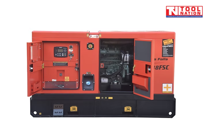 Front view of the generator with both front access doors open, showing the control panel compartment on the left and the engine compartment on the right.