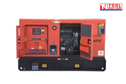 Front view of the generator with both front access doors open, showing the control panel compartment on the left and the engine compartment on the right.