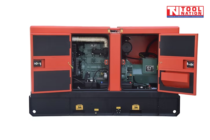 Rear view of the generator with both rear access doors open, showing internal engine and alternator components.