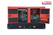 Rear view of the generator with both rear access doors open, showing internal engine and alternator components.