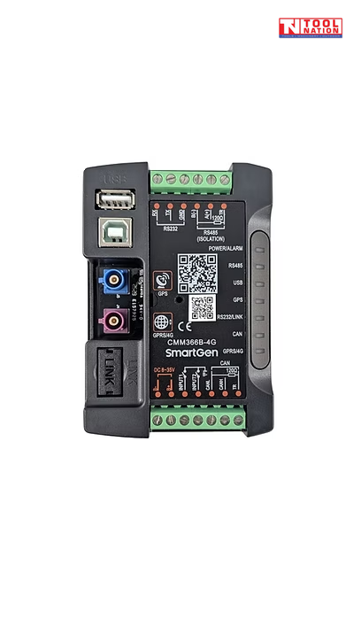 Black remote monitoring module with green terminal blocks, USB ports, coloured connectors, QR codes, and a logo in the top right corner.