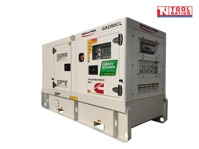 Front right angled view of a beige enclosed diesel generator on a skid base, with control panel, covered power outlets, Leroy Somer badge, Cummins logo, and GSD50CL model marking.