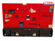 Front view of a red enclosed diesel generator on a black skid base, with control panel door, FAWDE logo, GSD60FSC model marking, and covered outlet panel.