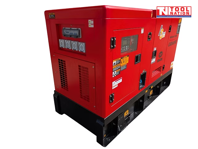 Front left angled view of a red enclosed diesel generator on a black skid base, showing the outlet panel end, control panel side, and side ventilation grilles.