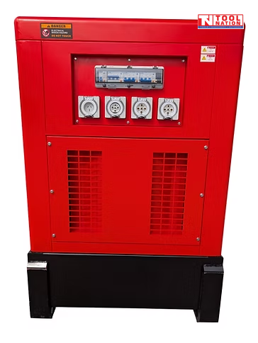 Side view of a red enclosed diesel generator showing four covered power outlets, breaker panel, and lower ventilation panel on a black skid base.