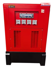 Side view of a red enclosed diesel generator showing four covered power outlets, breaker panel, and lower ventilation panel on a black skid base.