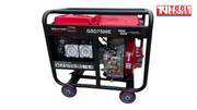 Front view of red open-frame diesel generator with black roll cage, control panel, twin power outlets and wheels.
