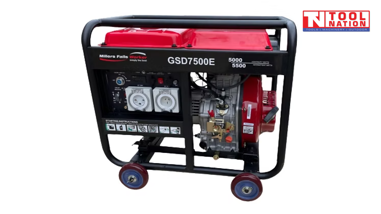 Front view of red open-frame diesel generator with black roll cage, control panel, twin power outlets and wheels.