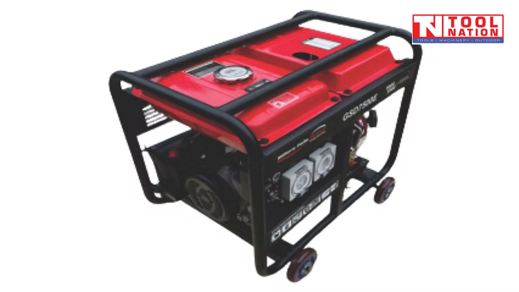 Angled top-front view of red open-frame diesel generator with black roll cage, fuel tank, control panel and wheels.