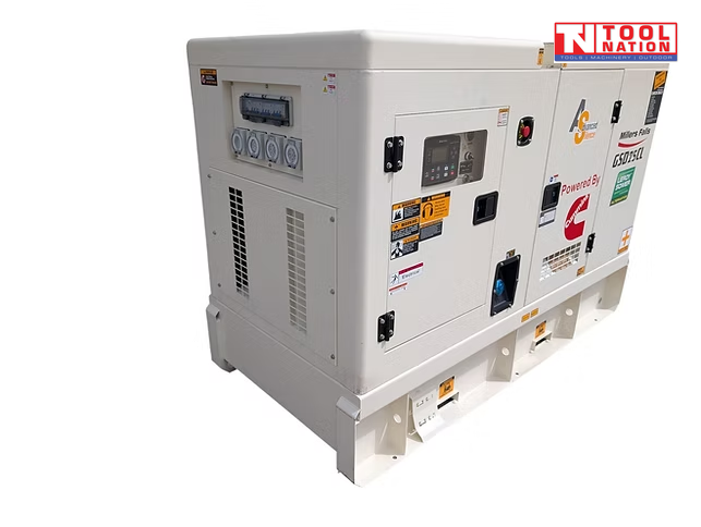 Front left angled view of a beige enclosed diesel generator on a black skid base, showing the control panel side and covered power outlets.