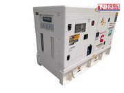 Front left angled view of a beige enclosed diesel generator on a black skid base, showing the control panel side and covered power outlets.