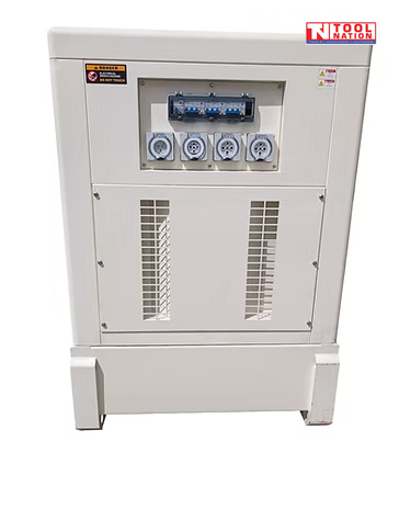 Front view of the generator with both front access doors open, showing the control panel compartment on the left and the engine compartment on the right.