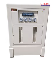 Front view of the generator with both front access doors open, showing the control panel compartment on the left and the engine compartment on the right.
