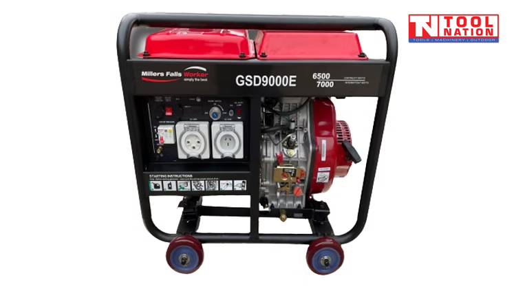 Front view of red open-frame diesel generator with black roll cage, control panel, twin power outlets and wheels.