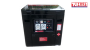 Front view of red enclosed diesel generator with control panel, power outlets, warning labels and black base frame.